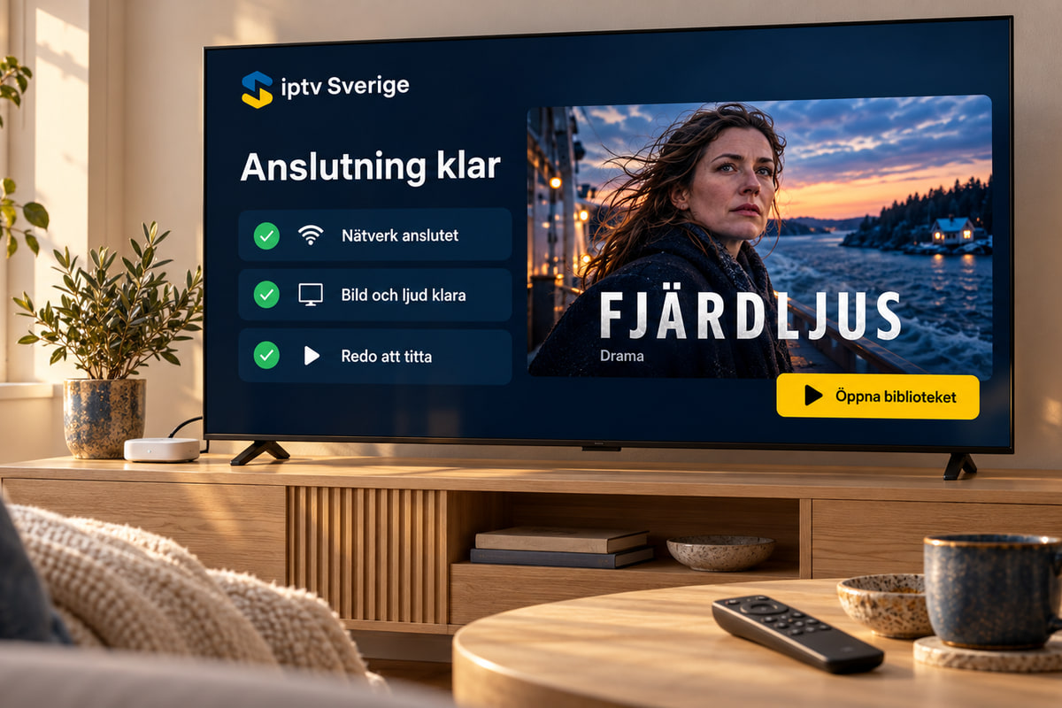 Illustrerad TV-installation med fjärrkontroll och färdig anslutningskontroll.