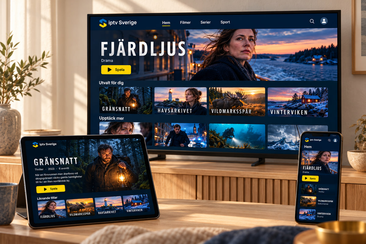 TV, surfplatta och mobil visar olika illustrerade filmmenyer.