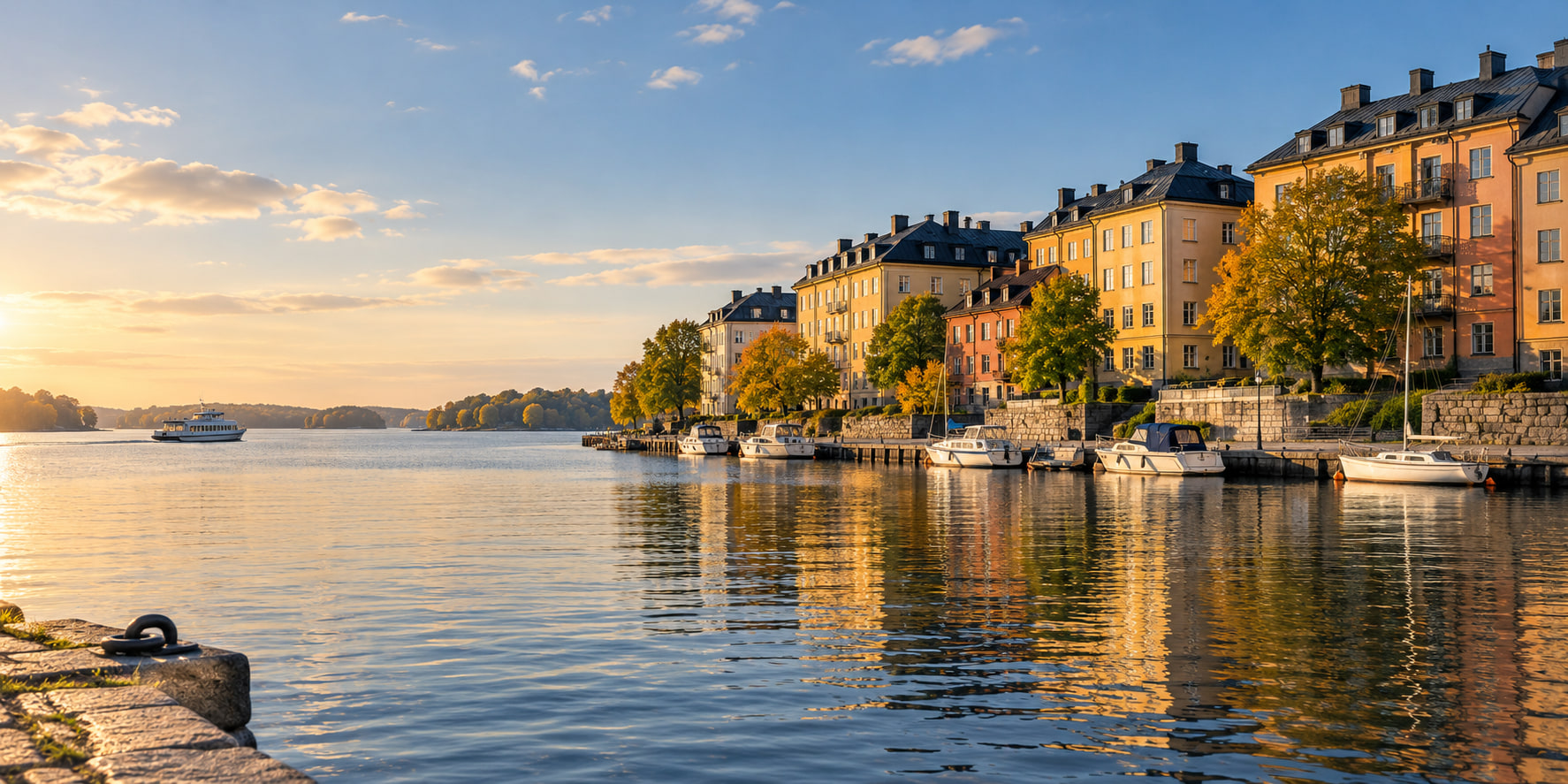 Stockholmsinspirerad vattenvy med putsfasader och båtar i eftermiddagsljus