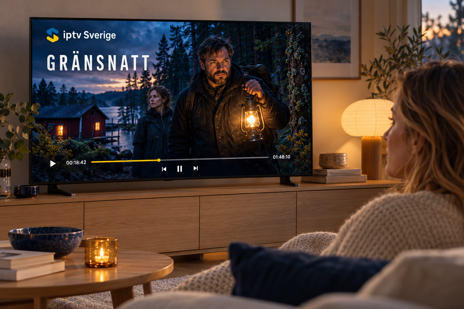 En tittare ser en påhittad thriller på TV:n i ett ombonat vardagsrum