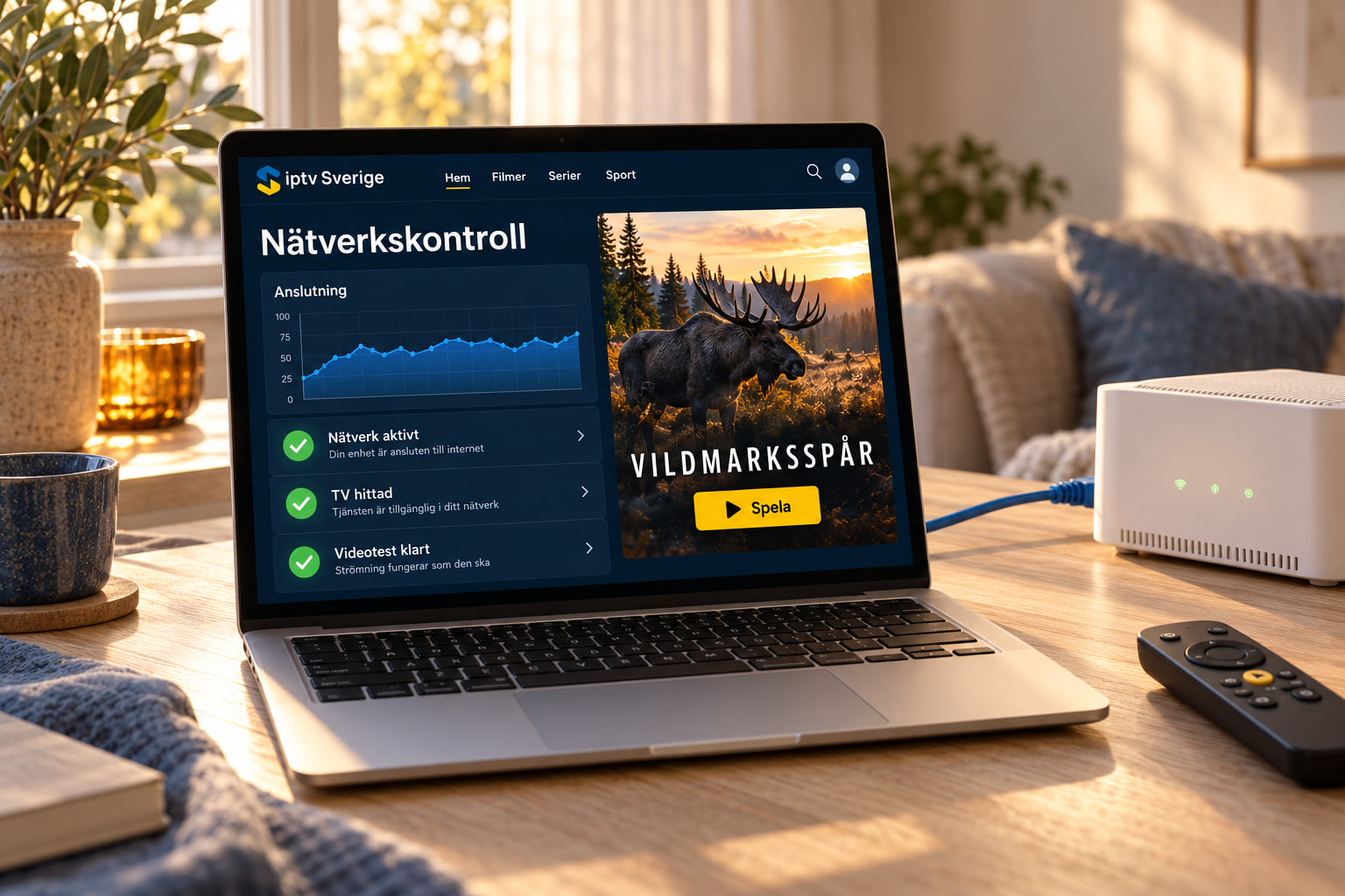 Laptop med nätverkskontroll bredvid en router och en nätverkskabel