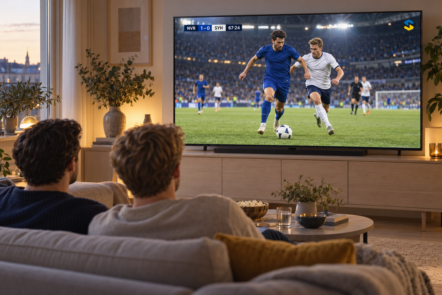 Två vänner ser en direktsänd fotbollsmatch på TV:n i ett varmt vardagsrum