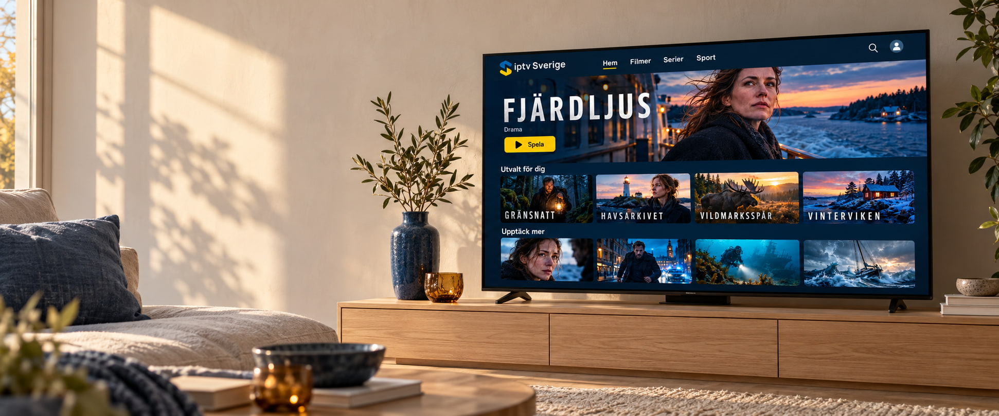 IPTV Sverige på en TV i ett ljust skandinaviskt vardagsrum med filmmeny på skärmen