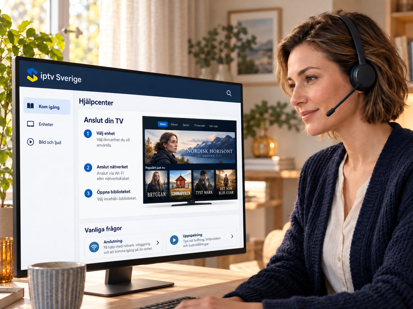 Illustrerad supportsituation: en person med headset framför ett hjälpcenter på skärmen