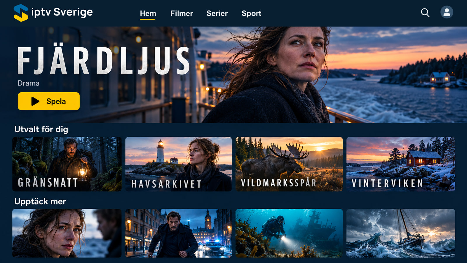 Illustrerat gränssnitt för iptv Sverige med rader av påhittade filmer och serier